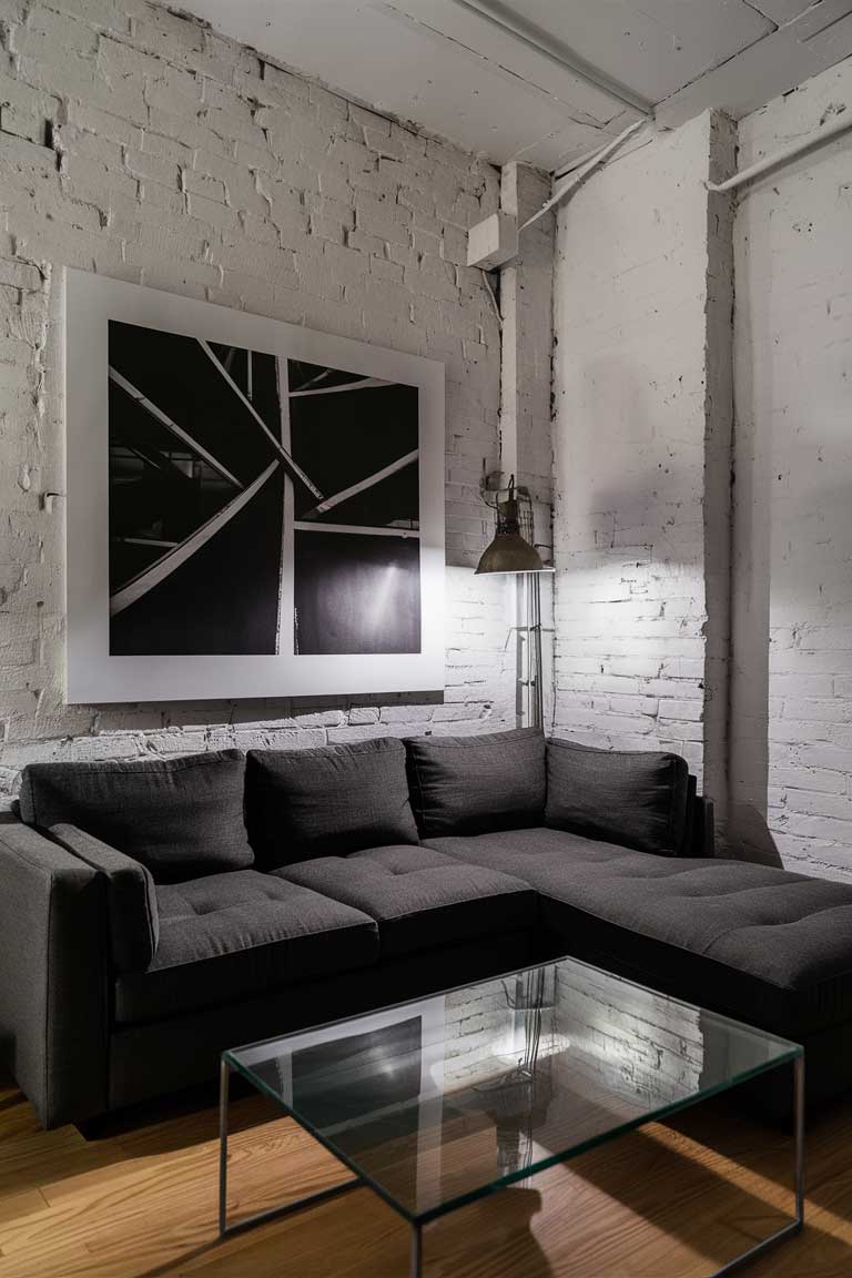 A minimalist living room with exposed brick walls painted white. A large, abstract black-and-white photograph serves as a focal point above a sleek gray sectional sofa. A glass coffee table reflects light from an industrial-style floor lamp, creating an interplay of light and shadow.