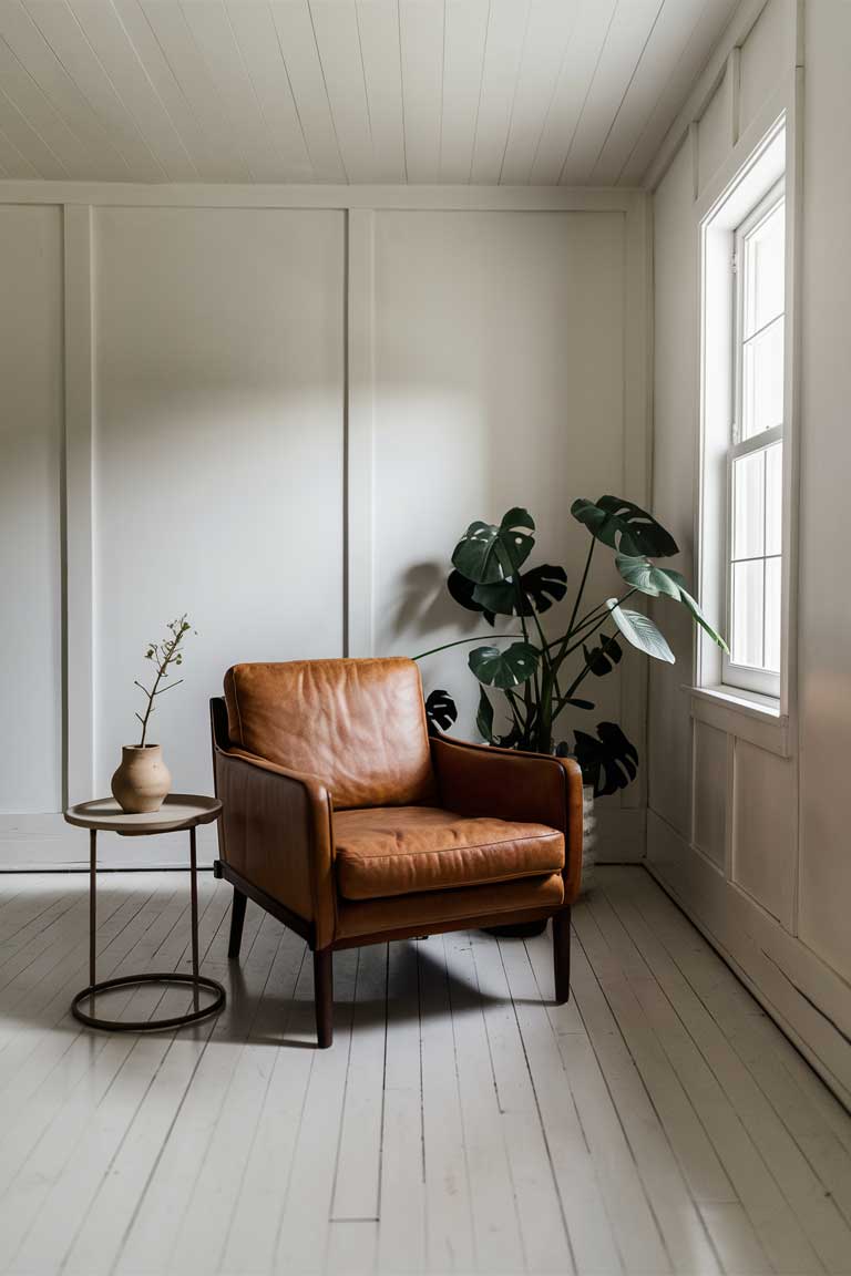 A minimalist living room with white walls and light hardwood floors. A single, stylish mid-century modern armchair in cognac leather serves as a focal point. Beside it, a small round side table holds a simple ceramic vase with a single stem. In the corner, a large potted plant adds a touch of nature.