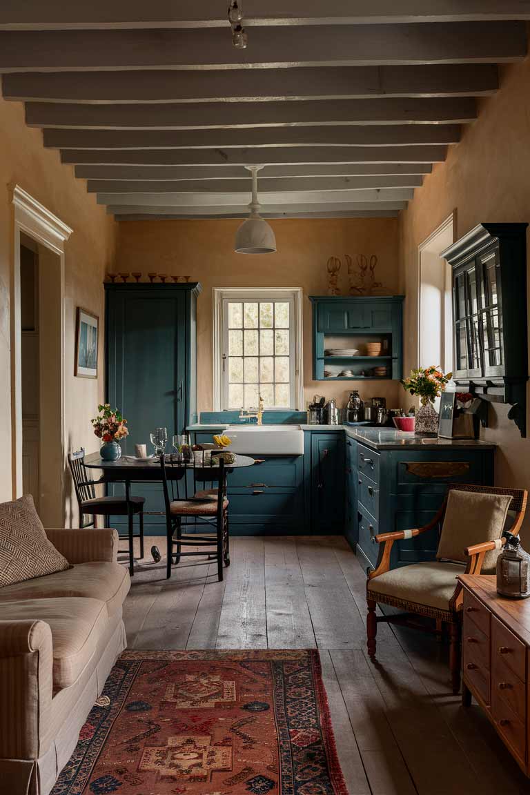 A small, open-plan colonial-style living area. The space combines a living room, dining area, and kitchen, all decorated in a cohesive colonial style. Period furniture is mixed with subtle modern conveniences. The color palette is consistent throughout, with warm neutrals and pops of deep blue and forest green. Natural materials like wood, wool, and linen dominate the space.