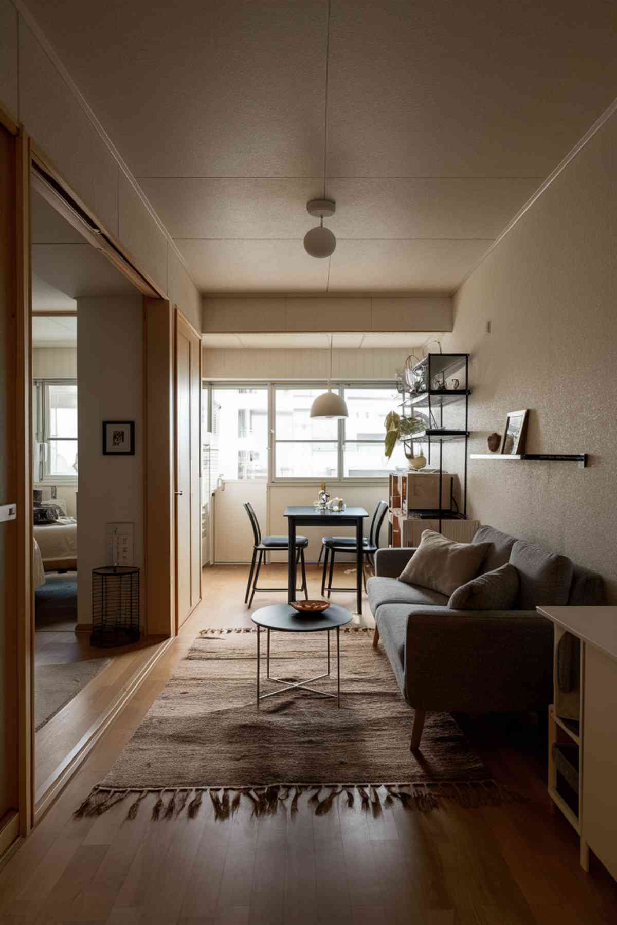 A small, open-plan Japandi-style apartment living area. A rug is used to define the living room space, with a compact sofa and coffee table. A glimpse of a dining area with a small table and chairs in the background to demonstrate zone definition in an open plan.