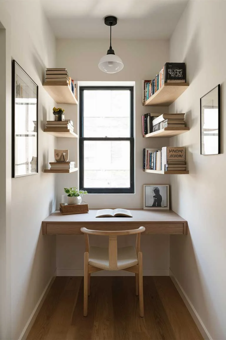 A small Scandinavian-style home office nook with a simple wooden desk, a minimalist chair, and floating shelves displaying books and decorative objects. A large window provides ample natural light.