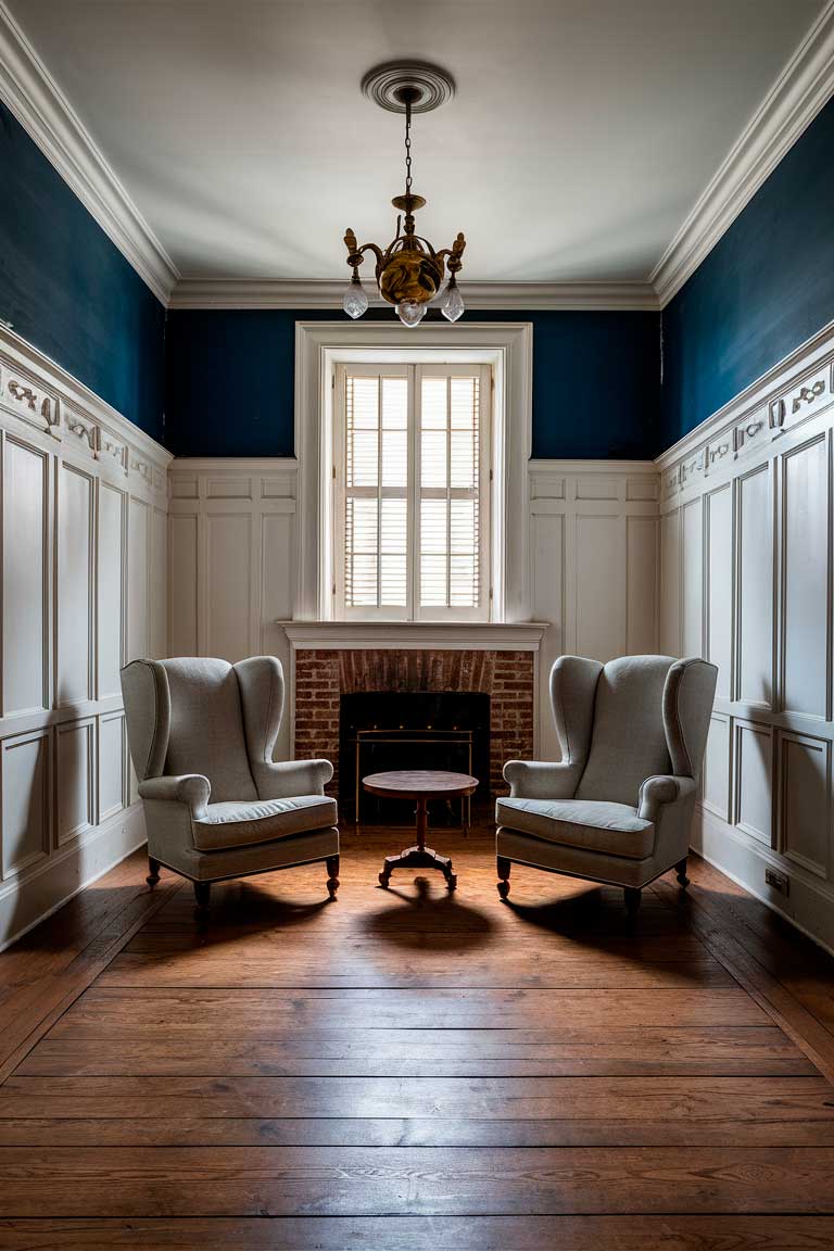 A small, symmetrical colonial-style living room with white-painted wooden wainscoting, deep blue walls above, and a centrally placed brickfireplace. Two matching wingback chairs flank the fireplace, with a small round wooden table between them. A brass chandelier hangs from the center of the ceiling, and a large window with shutters allows natural light to flood the room.