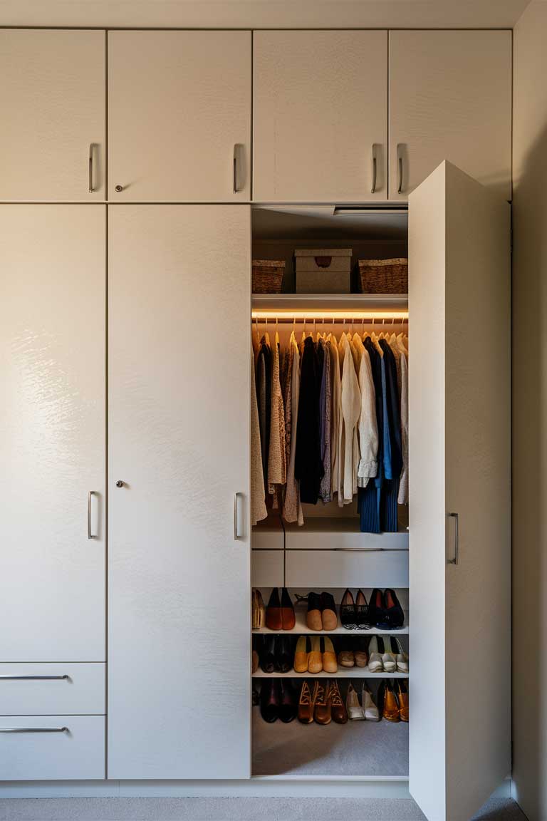 A wall of built-in closets with sleek, handle-less doors in a matte white finish. One door is slightly ajar, showing a well-organized interior with clothes hung neatly and shoes aligned on shelves.