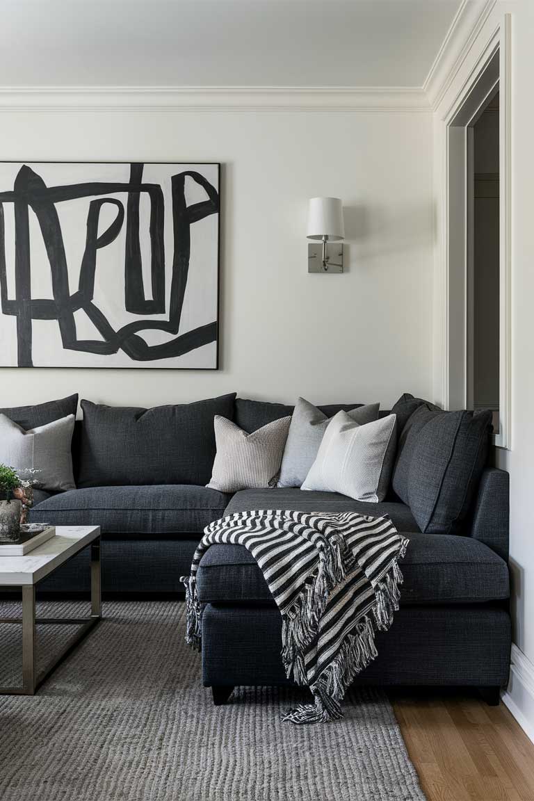 A sophisticated living room showcasing various shades of gray. A charcoal gray couch dominates the space, adorned with light gray throw pillows. A medium gray area rug covers the floor. A black and white striped throw is artfully draped over one arm of the couch. On the wall above, a large abstract black and white artwork draws the eye.