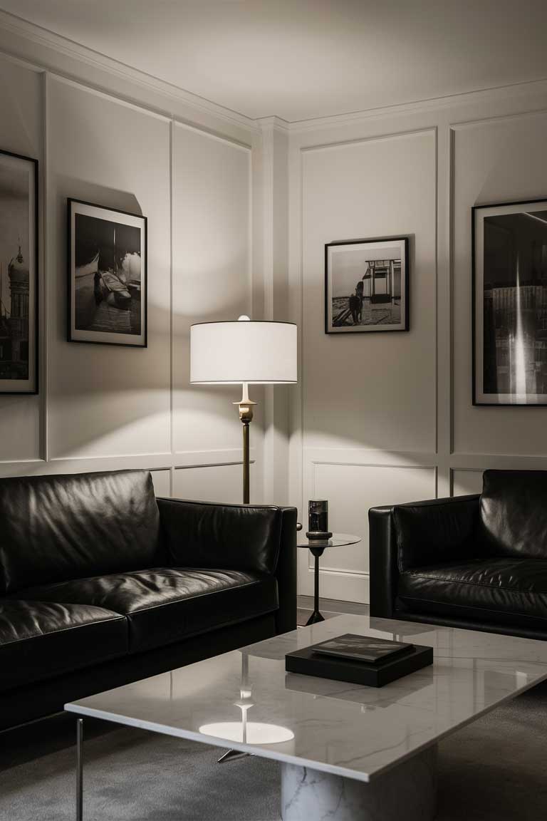 A minimalist living room with a black leather sofa, a white marble coffee table, and a few black-and-white photographs on the walls. A single large floor lamp with a white shade adds sophistication to the space.