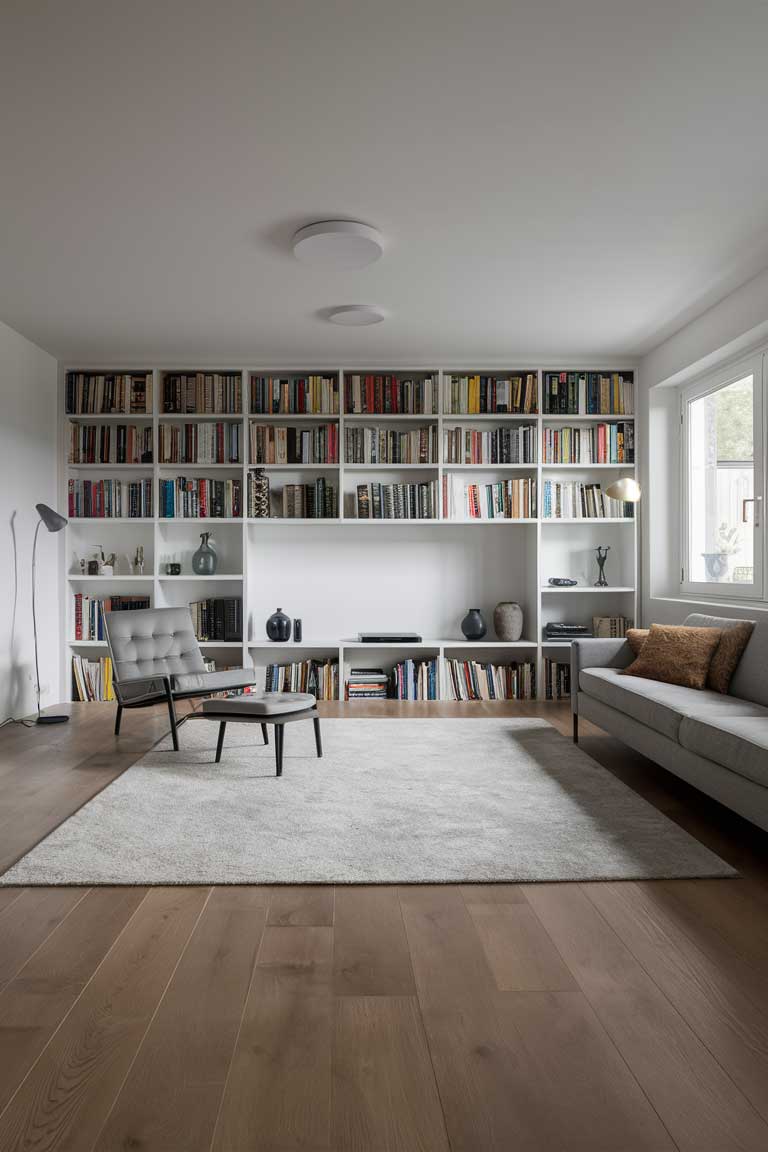 A spacious living room with a book shelf