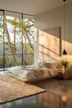 A spacious minimalist bedroom with floor-to-ceiling windows overlooking a lush forest. The room features a low platform bed with crisp white bedding, a single oversized abstract painting in muted tones, and a sleek pendant light. The warm morning light casts gentle shadows across the polished concrete floor.