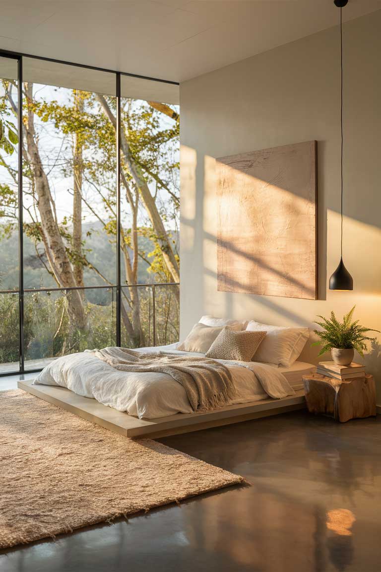 A spacious minimalist bedroom with floor-to-ceiling windows overlooking a lush forest. The room features a low platform bed with crisp white bedding, a single oversized abstract painting in muted tones, and a sleek pendant light. The warm morning light casts gentle shadows across the polished concrete floor.