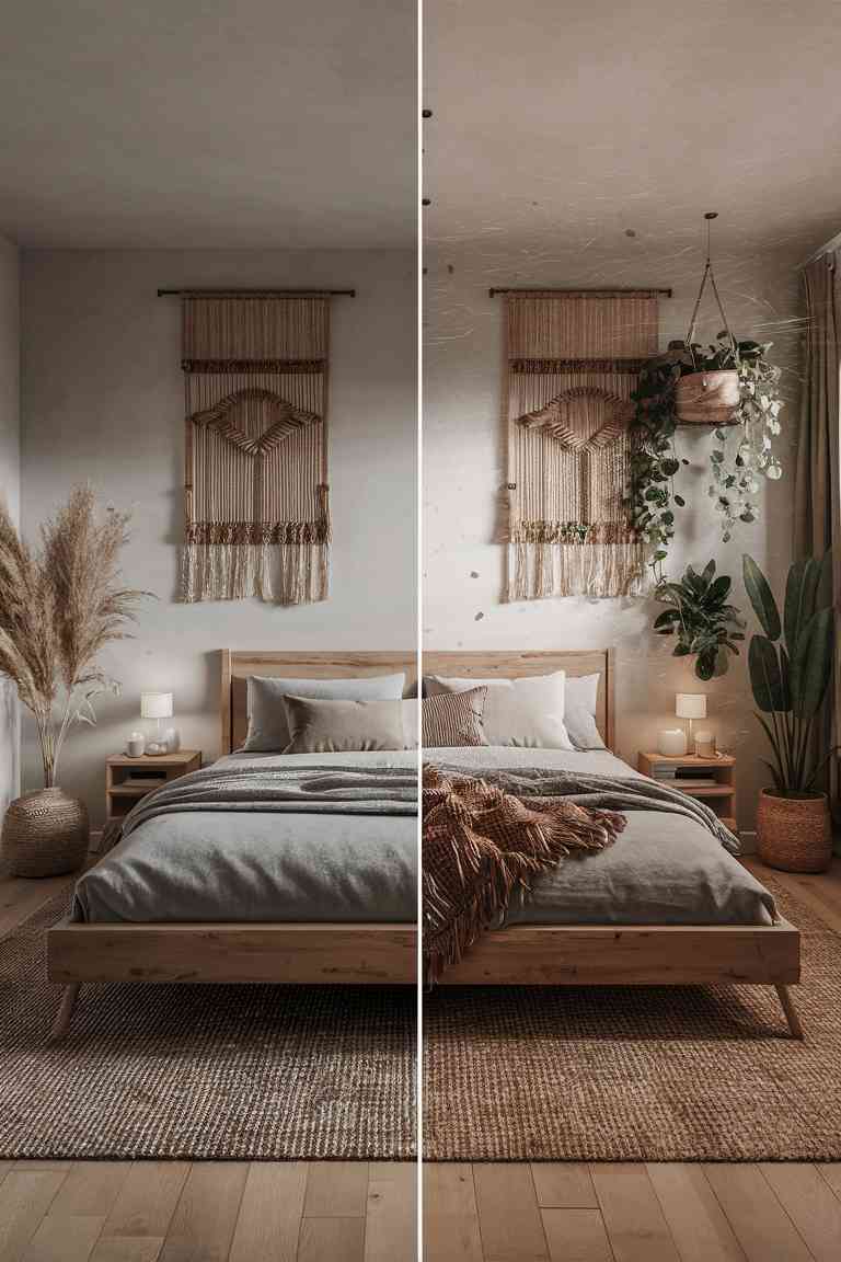 A split-screen image showing two identical Japandi bedrooms, one without plants and one with several strategically placed plants. The bedroom with plants appears more vibrant and inviting, with improved air quality visually represented by subtle, clean air particles. Both rooms feature neutral tones, natural materials, and minimalist furniture, but the planted room has a more lived-in, harmonious feel.