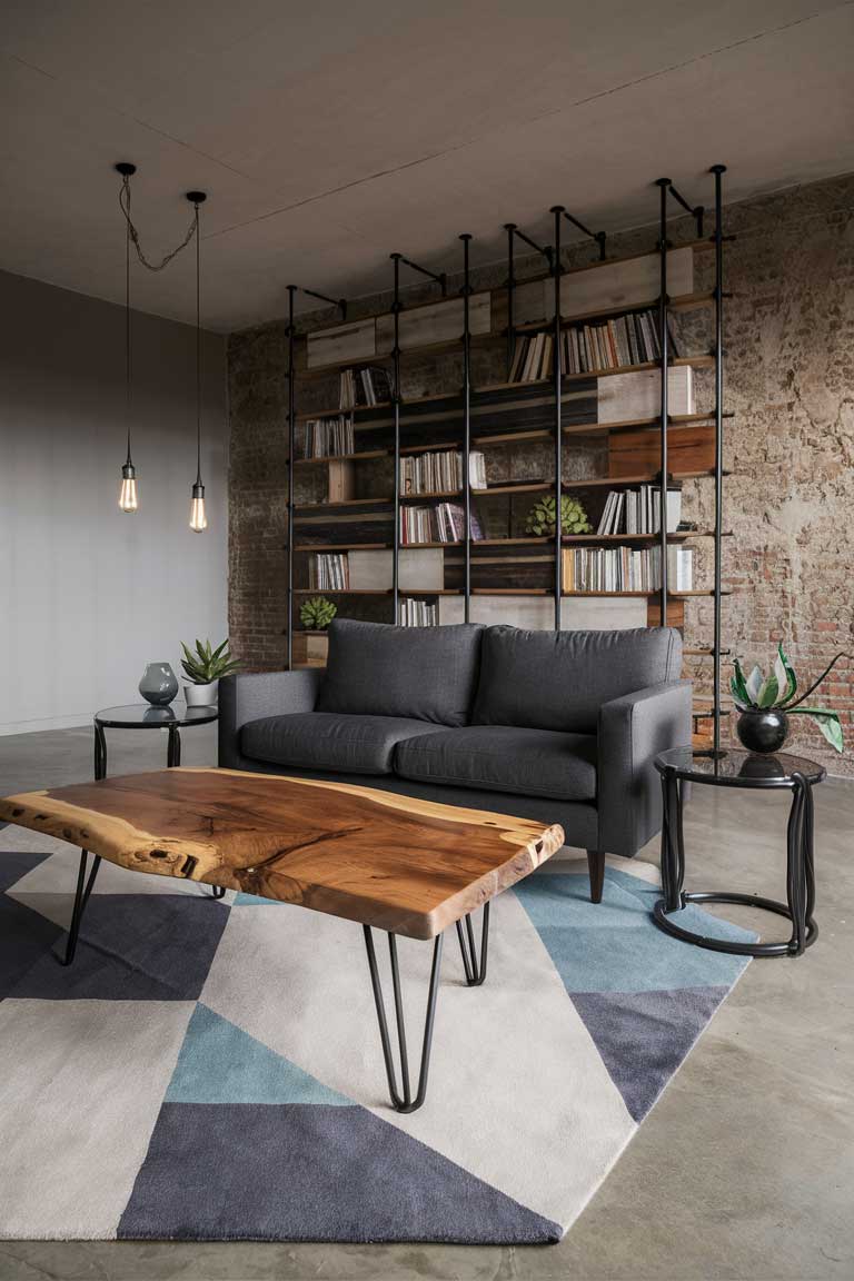 An industrial minimalist living room featuring a reclaimed wood coffee table with black metal hairpin legs, centered on a geometric patterned rug. Flanking the sofa, two nesting side tables in black metal and glass provide additional surface area. Along one wall, a floor-to-ceiling shelving unit made of black pipes and wooden planks displays a curated collection of books and minimalist decor items.