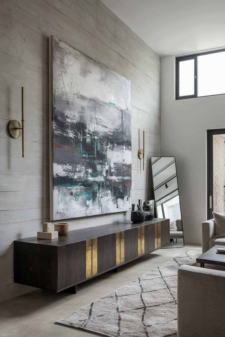 A stunning feature wall in an industrial minimalist living room, dominated by a large, abstract canvas painting in shades of grey, white, and subtle rust tones. Below the artwork, a long, low-profile credenza in dark wood provides a perfect balance. Adjacent to the painting, a tall floor mirror with a slim black metal frame leans against the wall, reflecting light and expanding the sense of space.