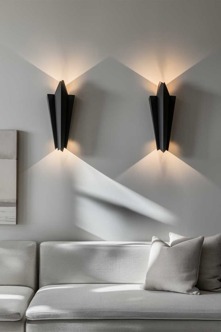 A small minimalist living room with a pair of geometric wall sconces in matte black, mounted on a pale gray wall. The sconces cast soft, angular shadows, illuminating a minimalist art piece and a low, minimalist bench with a single cushion.