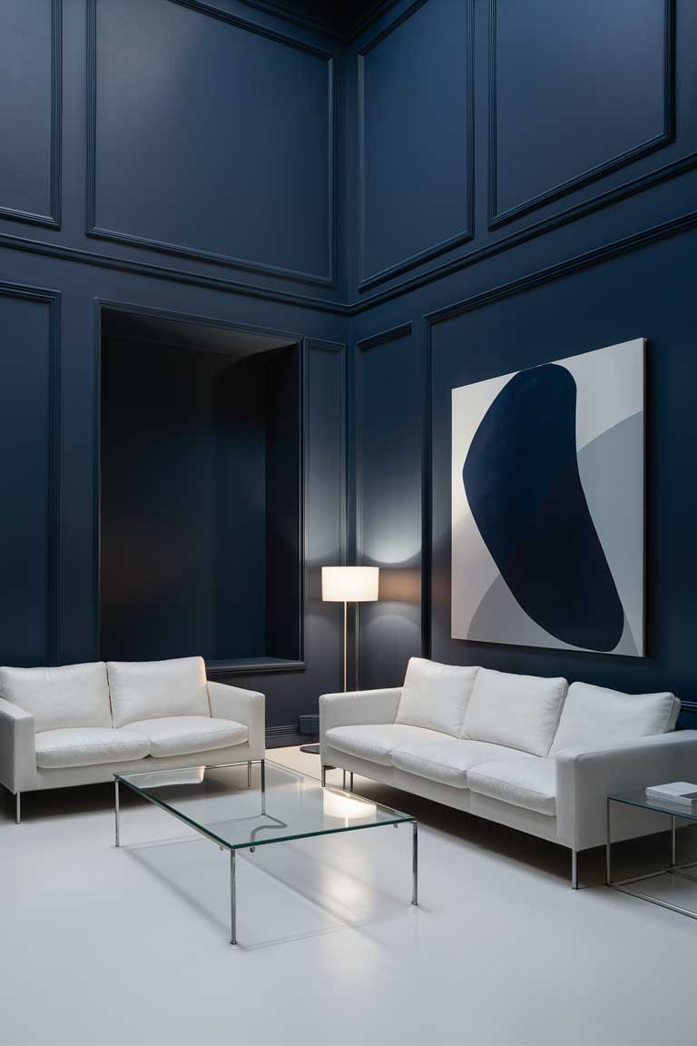 A wide-angle shot of a minimalist living room with navy blue walls. The room features a white sofa, a simple glass coffee table, and a single large piece of abstract art in shades of navy and white. One corner of the room is intentionally left empty, showcasing the power of negative space. A single floor lamp provides subtle lighting. The room appears spacious and uncluttered, with each piece carefully chosen to complement the navy blue theme. The image demonstrates how to maintain minimalism in a navy blue living room through careful curation and embracing empty space.