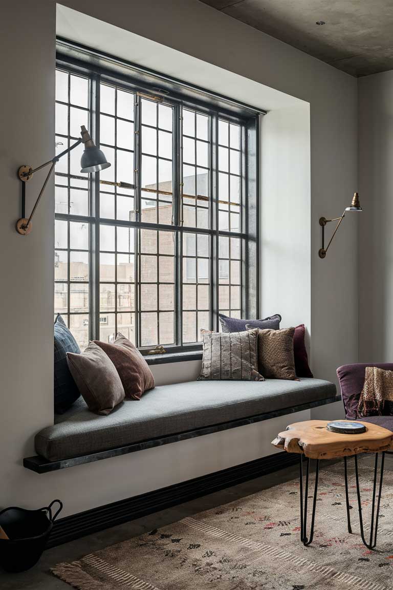 A charming reading corner in an industrial minimalist living room, featuring a built-in window seat with slim grey cushions and an assortment of textured throw pillows. Above, industrial-style sconces provide focused reading light. A small side table made of reclaimed wood holds a stack of books and a ceramic mug. Large factory windows flood the nook with natural light, while sheer curtains offer optional privacy.