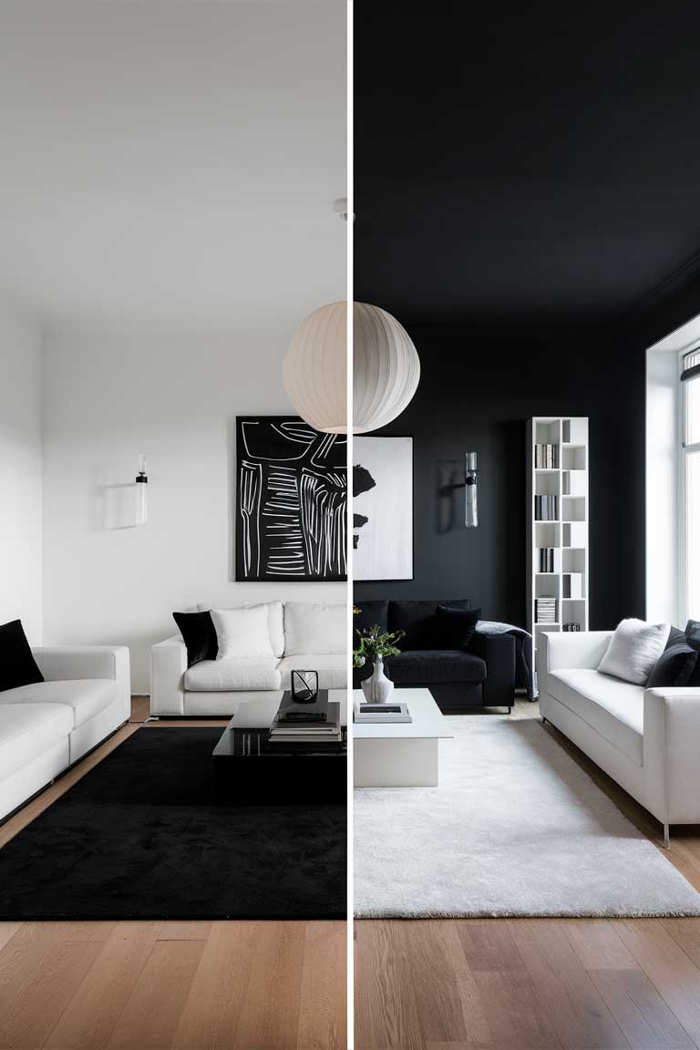 A split-screen image showing two minimalist living rooms side by side. On the left, a predominantly white room with black accents. On the right, a predominantly black room with white elements.