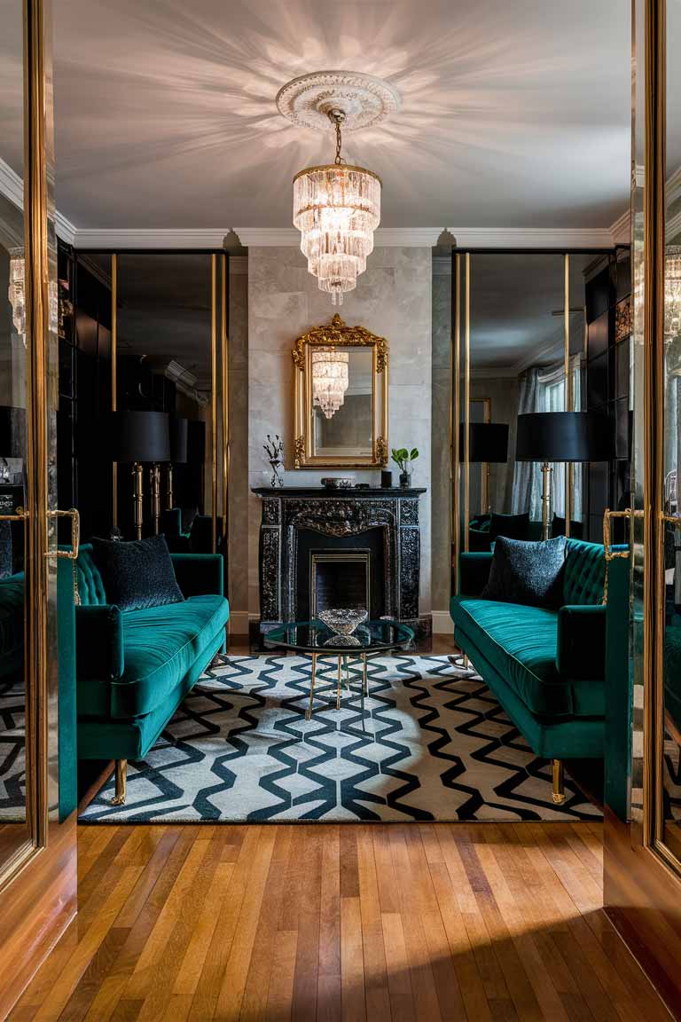 A tiny Art Deco living room with polished wood floors, a geometric patterned rug, an emerald green velvet couch, and a small ornate fireplace with a gold-framed mirror above it. The room features black and gold accents and a crystal chandelier hanging overhead. The photo should be a realistic interior shot, well-lit to showcase the rich colors and textures.