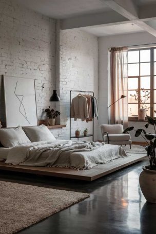 A wide-angle view of a spacious bedroom with white walls, large windows, and hardwood floors. The room features a low wooden platform bed with gray linens, flanked by industrial-style metal nightstands. A concrete accent wall behind the bed contrasts with potted plants and minimalist artwork. The overall aesthetic blends Japanese minimalism, Scandinavian coziness, and industrial elements.