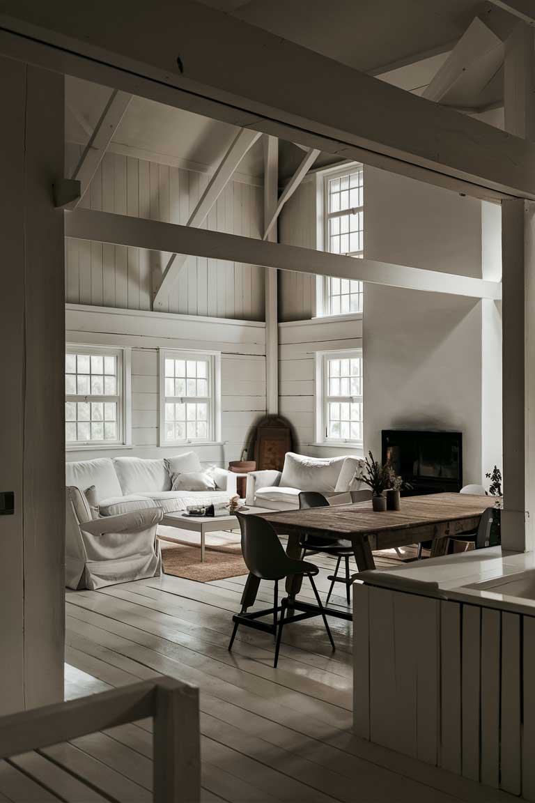 A minimalist white farmhouse living room. The space features clean lines, modern furniture, and a monochromatic color palette. The large windows let in ample natural light, highlighting the simplicity of the design. A cozy fireplace is in the corner, and a rustic wooden table with modern chairs is positioned in the center. The overall atmosphere is serene and inviting, with the farmhouse exuding a sense of peace and tranquility.