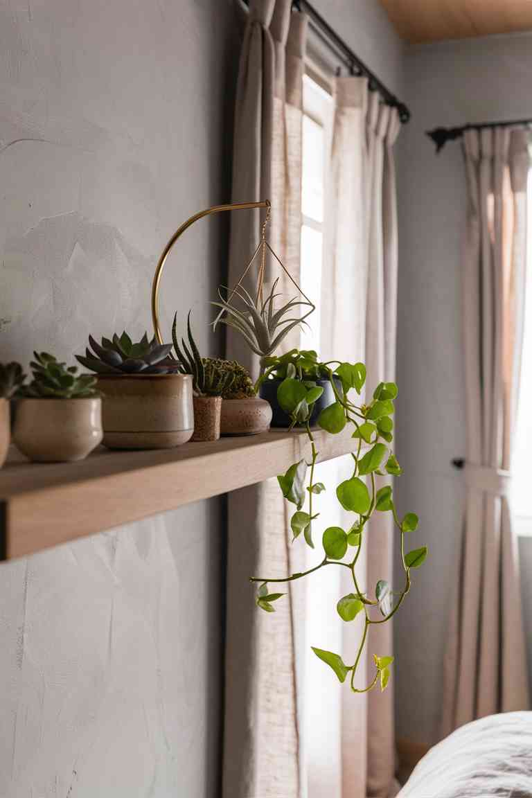 A close-up of a wooden floating shelf in a Japandi-style bedroom. The shelf displays a collection of small plants, including a variety of succulents in simple ceramic pots, a hanging air plant in a geometric brass holder, and a small pothos trailing down the side of the shelf. The background shows a glimpse of light gray walls and natural linen curtains.