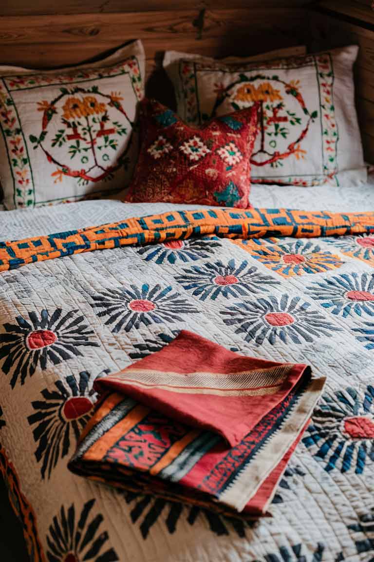 A close-up of a bed in a tiny house, layered with a mix of textiles, including an Indian block-printed quilt, embroidered pillowcases, and a folded Turkish kilim rug at the foot of the bed. The mix of patterns and textures creates a rich, globally-inspired look.