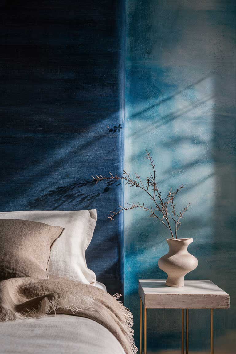 A close-up of a textured blue wall with subtle variations in color and texture. In the foreground, a rough linen throw in a natural beige color is draped over the corner of a bed. A handmade ceramic vase with irregular edges sits on a simple wooden side table, containing a single branch with delicate leaves.