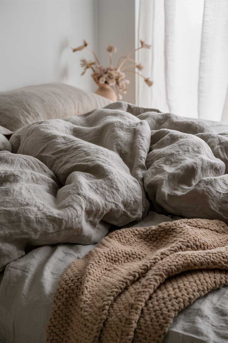 A close-up of a minimalist bed dressed in rumpled linen bedding in a soft oatmeal color. The texture of the linen is clearly visible, showcasing its natural, relaxed appeal. A chunky knit throw in a complementary shade is draped casually over the foot of the bed, adding another layer of texture.