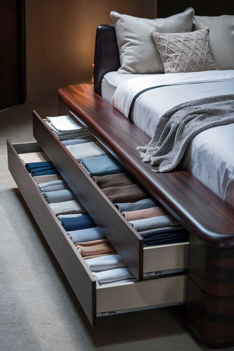 A close-up of a platform bed with drawers pulled out, revealing neatly organized clothes and bedding. The bed frame is in a dark wood finish, contrasting with the white bedding on top.