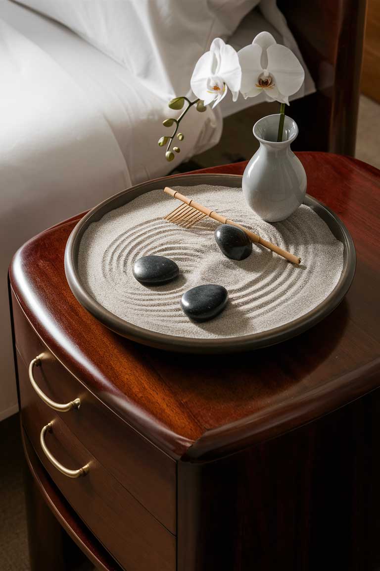 A close-up of a bedside table in dark wood. On top, there's a small zen garden featuring fine sand, a few smooth stones, and a miniature bamboo rake. A simple ceramic vase with a single stem completes the serene vignette.