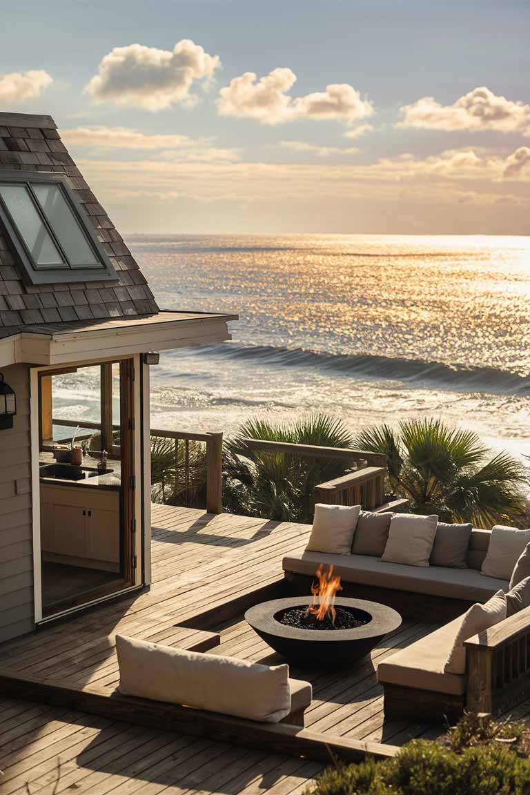 A coastal tiny house with a large sliding glass door that opens to a wooden deck, where a cozy seating area overlooks the nearby ocean.