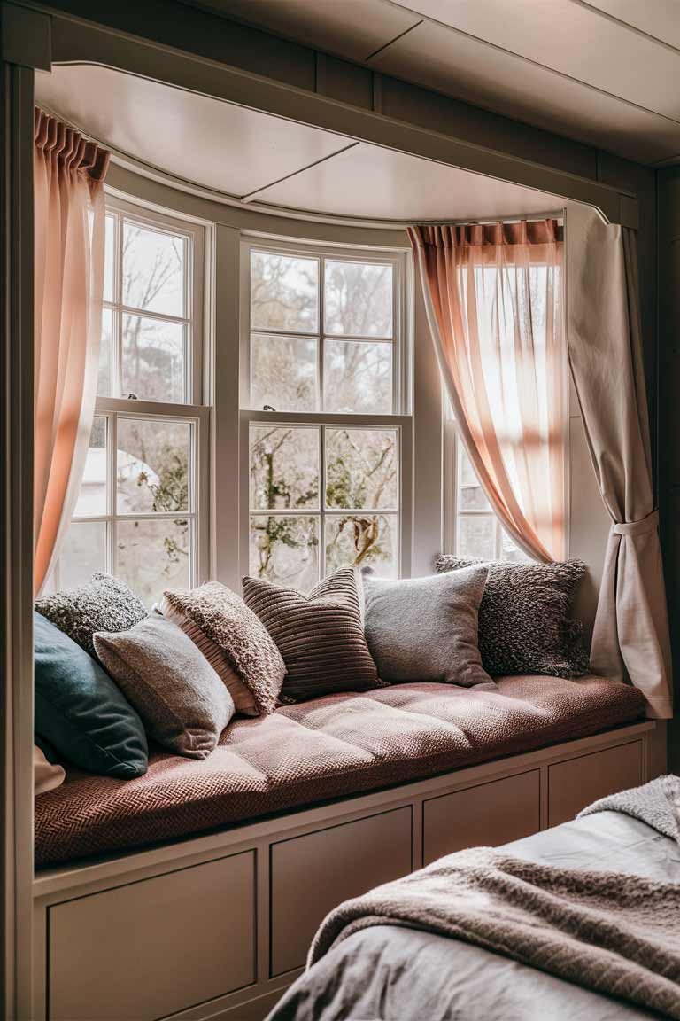 A tiny house bedroom with a beautiful bay window. The window seat is built-in, with storage underneath and adorned with plush cushions in various textures. Sheer curtains frame the window, allowing soft light to filter through. The bed is positioned nearby, dressed in complementary colors. The overall effect is bright, airy, and inviting.