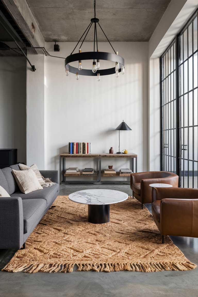 An open-plan industrial minimalist living area where a large jute rug in a natural tone defines the seating space. The rug's texture contrasts beautifully with the smooth concrete floor, while its organic shape softens the angular lines of the furniture. A sleek grey sofa and two leather armchairs are arranged on the rug, creating an inviting conversation area.