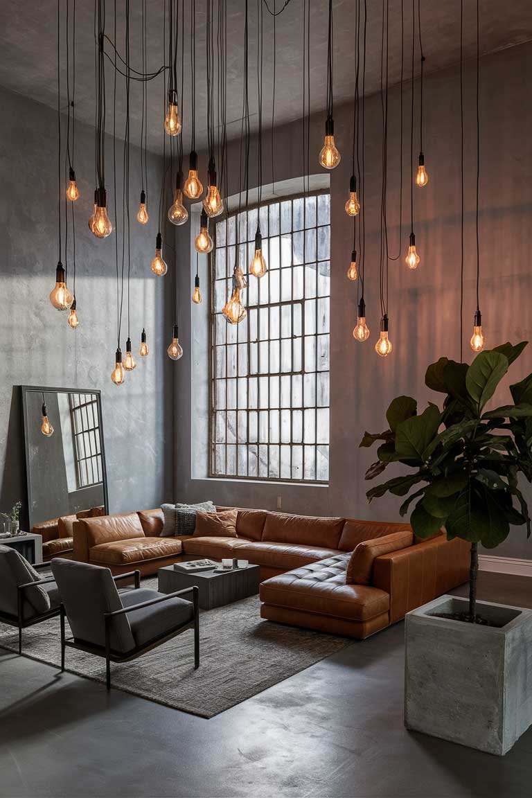 A dramatic industrial minimalist living room with high ceilings, featuring a cluster of Edison bulb pendant lights hanging at varying heights over a seating area. The warm glow of the exposed filaments contrasts beautifully with the cool tones of the concrete floors and metal accents in the room. A large arched factory window in the background allows natural light to complement the artificial lighting.