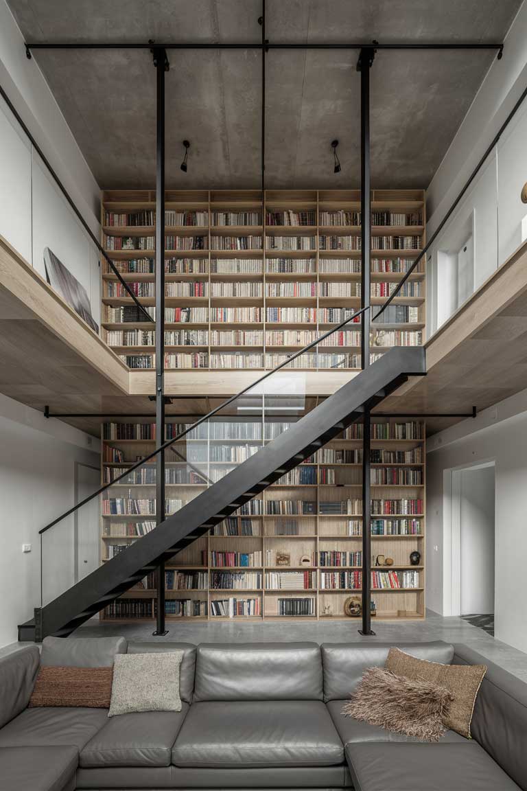 An industrial minimalist living room with impressive double-height ceilings. A sleek metal staircase leads to a mezzanine level visible above, featuring a glass railing for an unobstructed view. Below, floor-to-ceiling bookshelves made of black metal and light wood make full use of the vertical space, displaying a carefully curated collection of books and objects. A comfortable reading nook with a hanging chair is nestled beneath the stairs, maximizing every inch of the room.