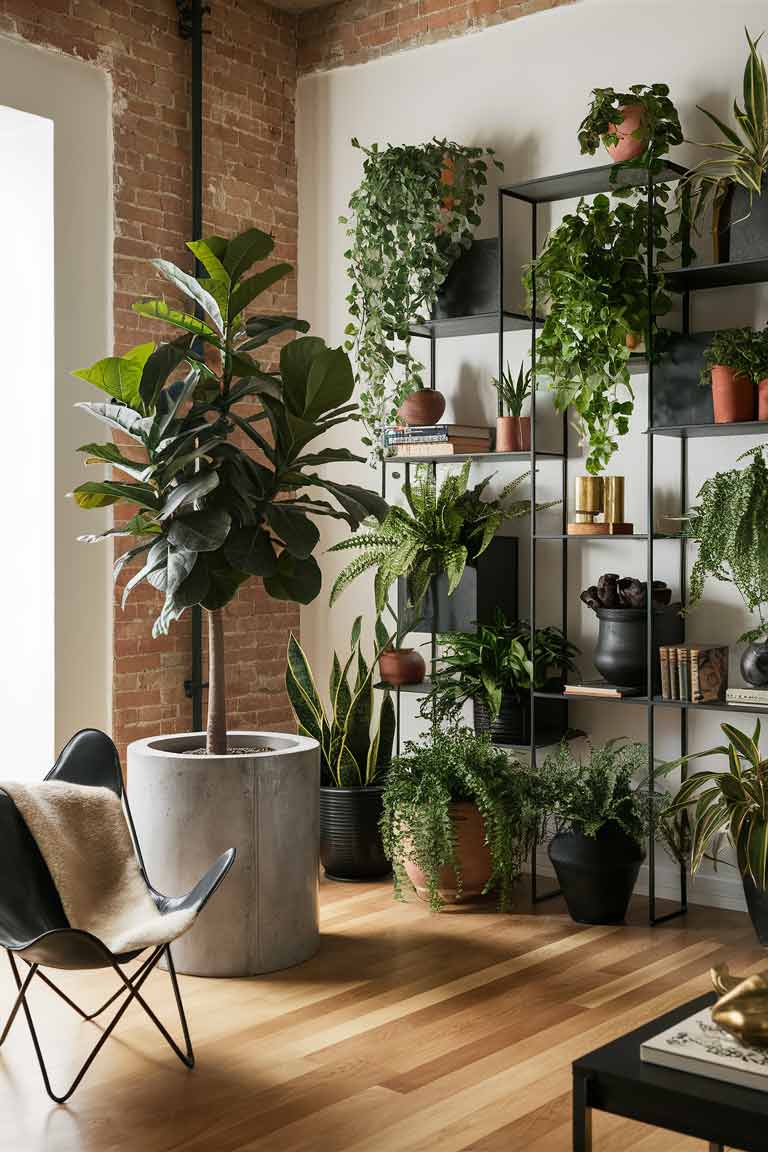 An airy corner of an industrial minimalist living room featuring a tall fiddle leaf fig tree in a large, simple concrete planter. The vibrant green leaves contrast beautifully with the surrounding neutral tones. On a nearby metal and wood shelf unit, a collection of smaller plants in minimalist pots adds life and texture to the industrial setting.