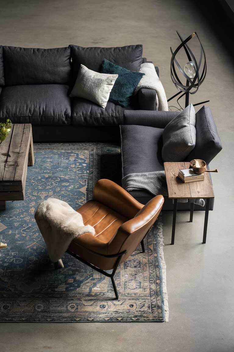 A cozy corner of an industrial minimalist living room showcasing a low-profile charcoal grey linen sofa with clean lines. Beside it, a cognac leather armchair with a sleek metal frame adds warmth. A black metal floor lamp with an adjustable arm provides focused lighting, while a soft sheepskin throw draped over the armchair adds texture and comfort.