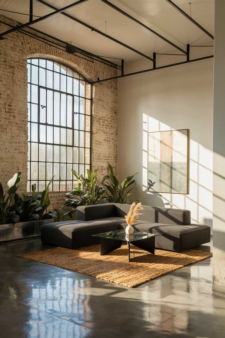 A spacious industrial minimalist living room with exposed brick walls painted in a soft white, polished concrete floor reflecting natural light and black metal ceiling beams contrasting against a white ceiling. A large factory-style window dominates one wall, allowing ample sunlight to flood the room.