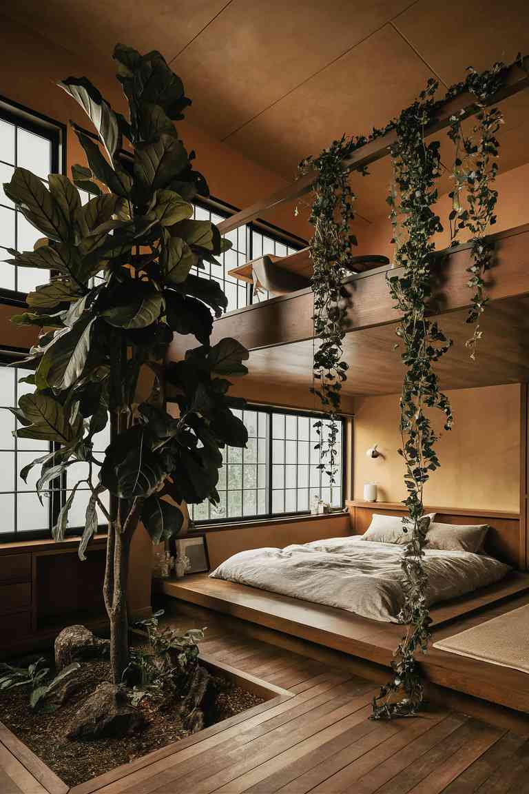 A Japandi bedroom with a mezzanine level. On the ground floor, a tall fiddle leaf fig tree stands near a low platform bed. The mezzanine level is visible above, with a minimalist workspace featuring a wooden desk and chair. Trailing plants hang from the mezzanine railing, creating a soft curtain of greenery. The color palette is neutral with warm wood tones, and natural light floods in from large windows.