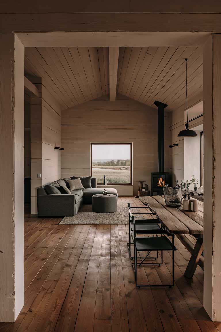 A stunning minimalist farmhouse living room design captured in a photo. The space features warm wooden floors, a cozy fireplace, and a comfortable gray sofa. The walls are painted in soft, neutral tones, and a large window showcases a serene view of the countryside. A stylish, rustic dining table is situated nearby, with modern minimalist chairs. The overall ambiance of the living room is warm, inviting, and perfect for relaxation