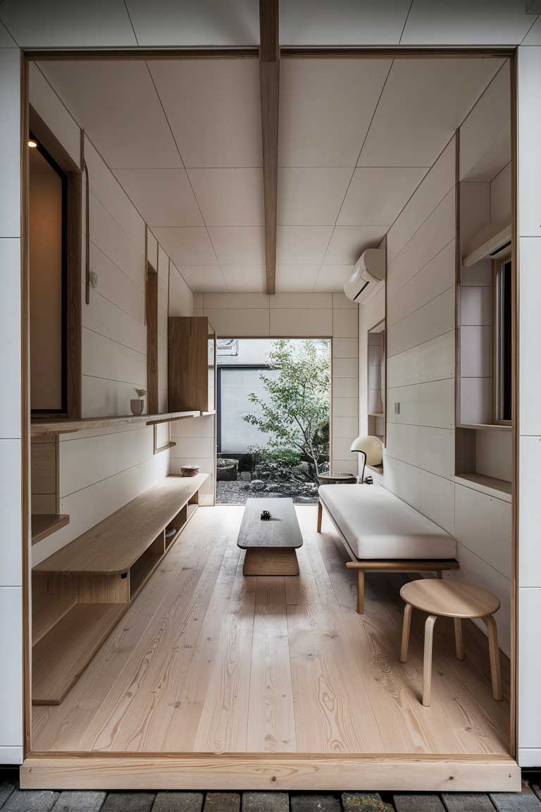 A minimalist Japanese tiny house interior with clean lines, uncluttered surfaces, and a few carefully selected design pieces that enhance the overall aesthetic.