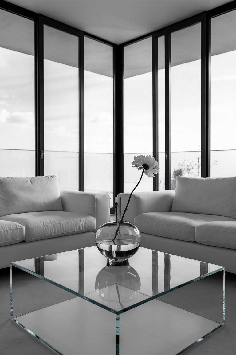 A close up of a living room with floor-to-ceiling glass windows, a simple white sofa, and a transparent glass coffee table. A Minimalist glass vase with a single-stem flower is placed on the coffe table.