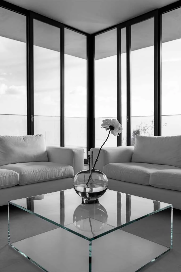 37 Elegant Minimalist Living Room Decor Ideas: Simple Luxury 2 A close up of a living room with floor-to-ceiling glass windows, a simple white sofa, and a transparent glass coffee table. A Minimalist glass vase with a single-stem flower is placed on the coffe table.
