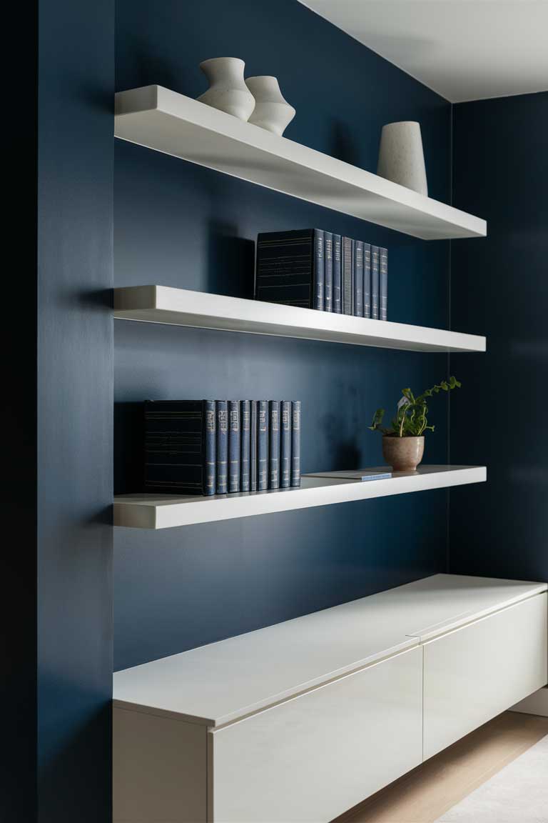 A minimalist living room with navy blue walls featuring a set of floating white shelves. The shelves are sparsely decorated with a few white ceramic vases, a stack of hardcover books with navy blue spines, and a small potted plant. Below the shelves, a low-profile white cabinet provides hidden storage. The image showcases how minimalist storage solutions can complement a navy blue color scheme while maintaining a clutter-free aesthetic.