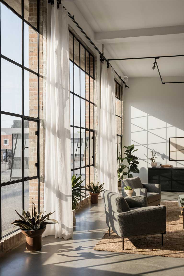 A bright industrial minimalist living room featuring a wall of large factory-style windows with black metal frames. Sheer white curtains are hung close to the ceiling, adding softness when drawn but nearly disappearing when open. The windows are left partially bare, allowing maximum natural light to flood the space and highlight the room's industrial elements.