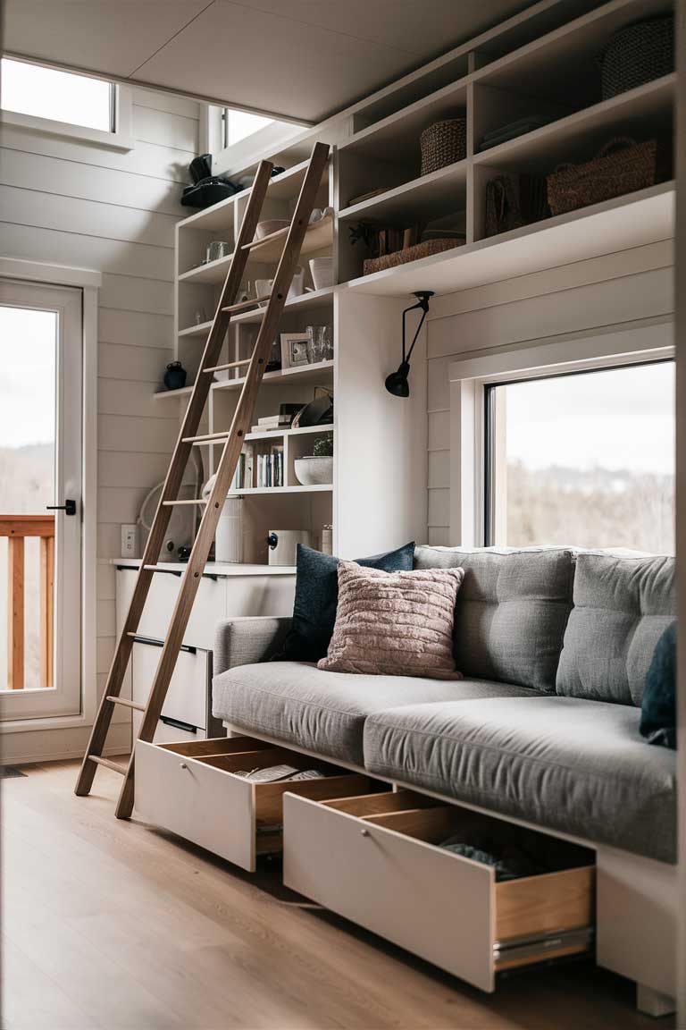 A cleverly designed modern tiny house living room showcasing innovative storage ideas. A ladder-style shelving unit leans against one wall, providing vertical storage without taking up floor space.  Under-sofa rolling drawers provide additional hidden storage.