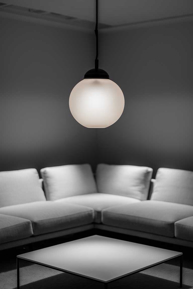 A monochrome minimalist living room centered around a small frosted glass orb pendant light. The room features a low-profile sofa and a coffee table, with the orb light casting a soft, diffused glow throughout the space.