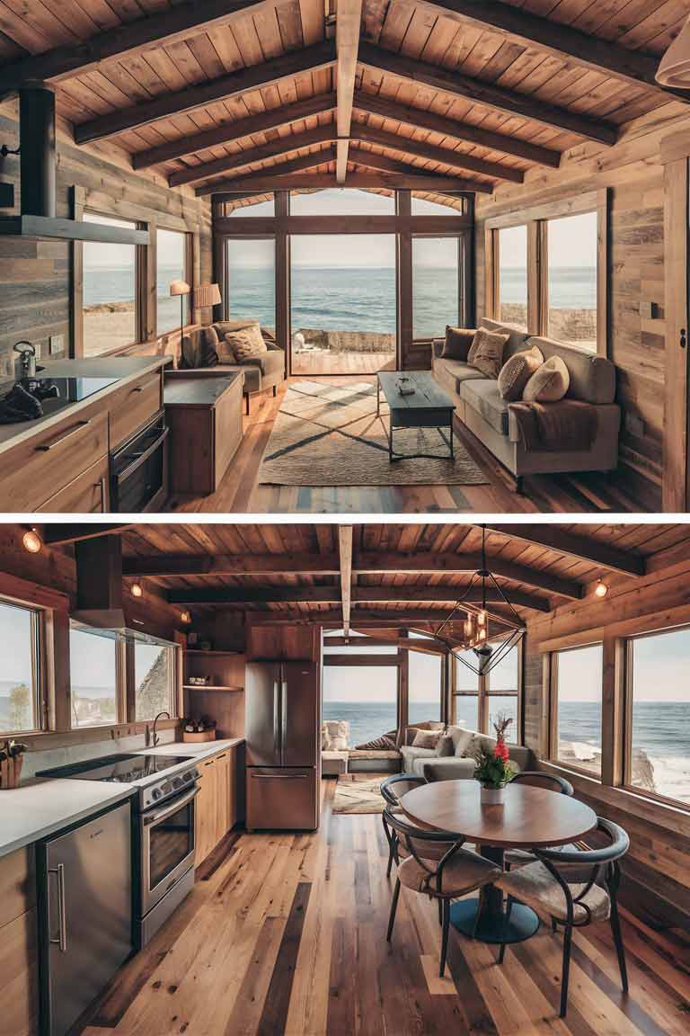 A coastal tiny house interior, showcasing an open-concept layout where the living room, kitchen, and dining area seamlessly blend together.