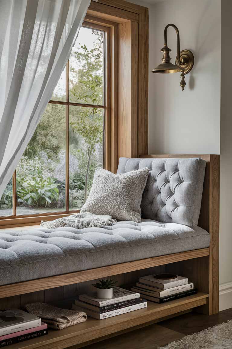 A built-in window seat with a plush, light gray fabric cushion, featuring a tufted design, rests on a natural wood frame with a warm, honey-toned finish. Beneath the seat, a spacious shelf showcases a curated collection of neatly arranged books and a few decorative items like a small potted plant and a cozy throw blanket. Above the window seat, a stylish, antique brass wall sconce with a soft, diffused light provides a warm reading glow. The window reveals a tranquil garden view with lush greenery and blooming flowers, and soft, dappled natural light floods the space, creating a serene and inviting atmosphere. The window is framed with flowing, white sheer curtains that gently billow in the breeze, adding an airy, elegant touch.