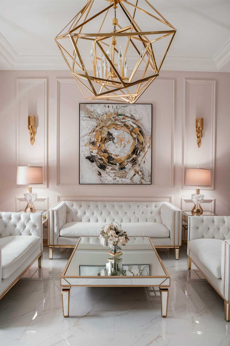 A small living room embodying modern glamour. Features a white tufted sofa with gold legs, a mirrored coffee table, and a striking geometric gold chandelier. The walls are painted a soft blush pink, and a large abstract painting with gold accents hangs above the sofa.