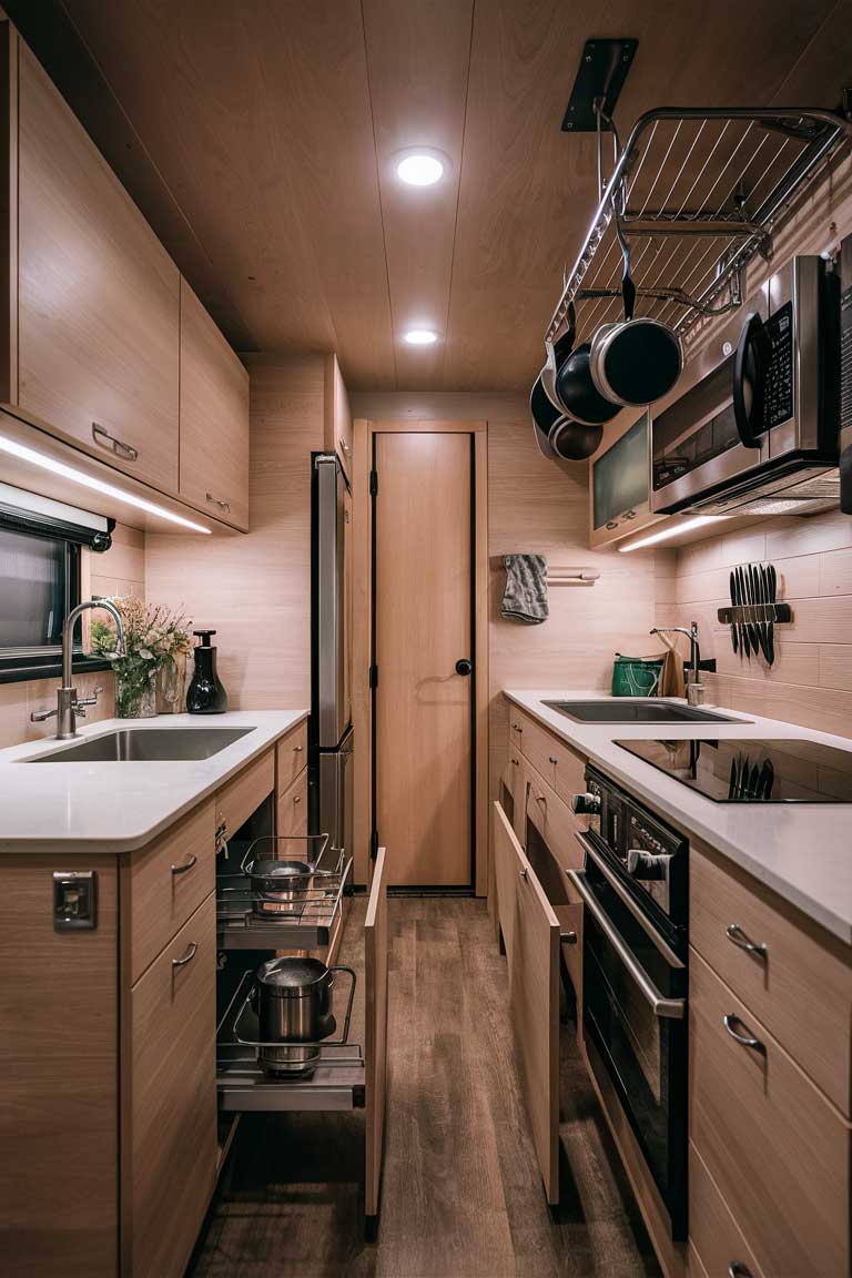 A compact and efficient tiny house kitchen. The galley-style layout features sleek, handle-less cabinets in a light wood finish. A slimline refrigerator is built into the cabinetry. A two-burner induction cooktop sits atop a combination microwave-convection oven. A pull-out pantry system is visible, and a magnetic knife strip adorns one wall. Pots hang from a ceiling-mounted rack, maximizing storage.