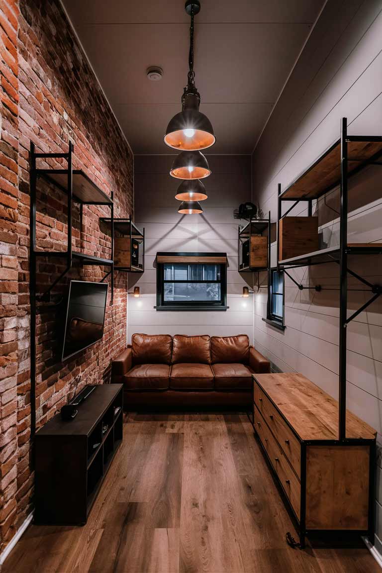 A tiny house living room with a striking modern industrial design. One wall features exposed brick, while the others are painted in a soft gray. A compact leather sofa sits opposite a wall-mounted TV. Metal and wood shelving units provide storage and display space. Industrial-style pendant lights hang from the ceiling. The space feels urban and contemporary despite its small size.